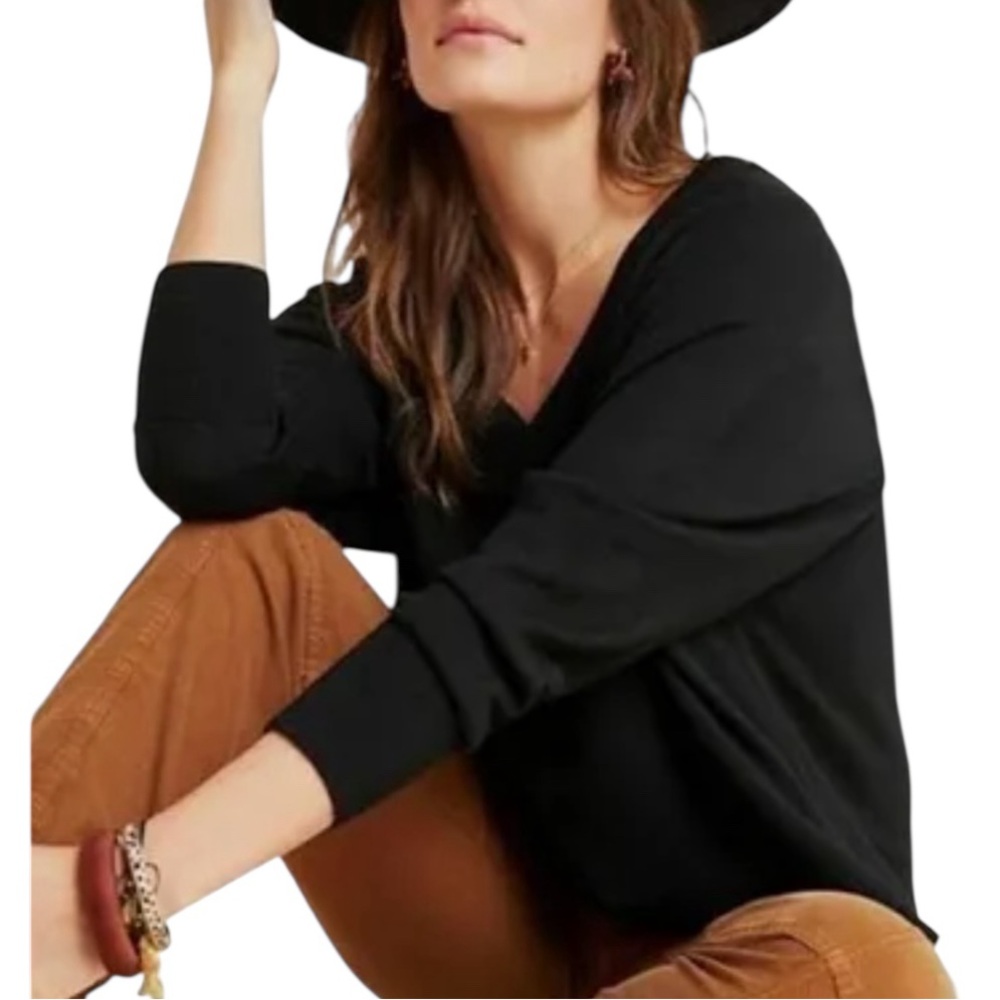 Anthropologie | 100% Merino wool soft v-neck black slub pullover sweater